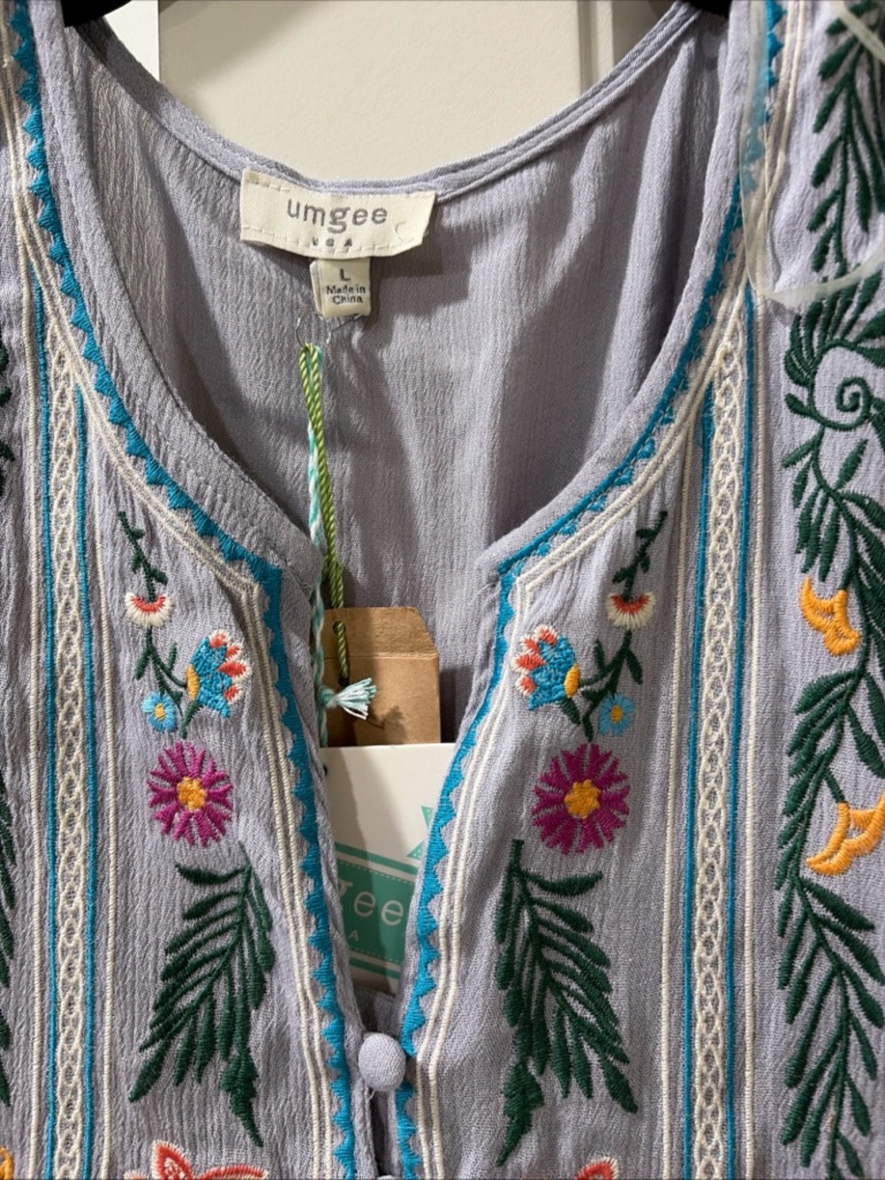 Umgee Lavender Embroidered Floral Boho dress or top with Teal Trim